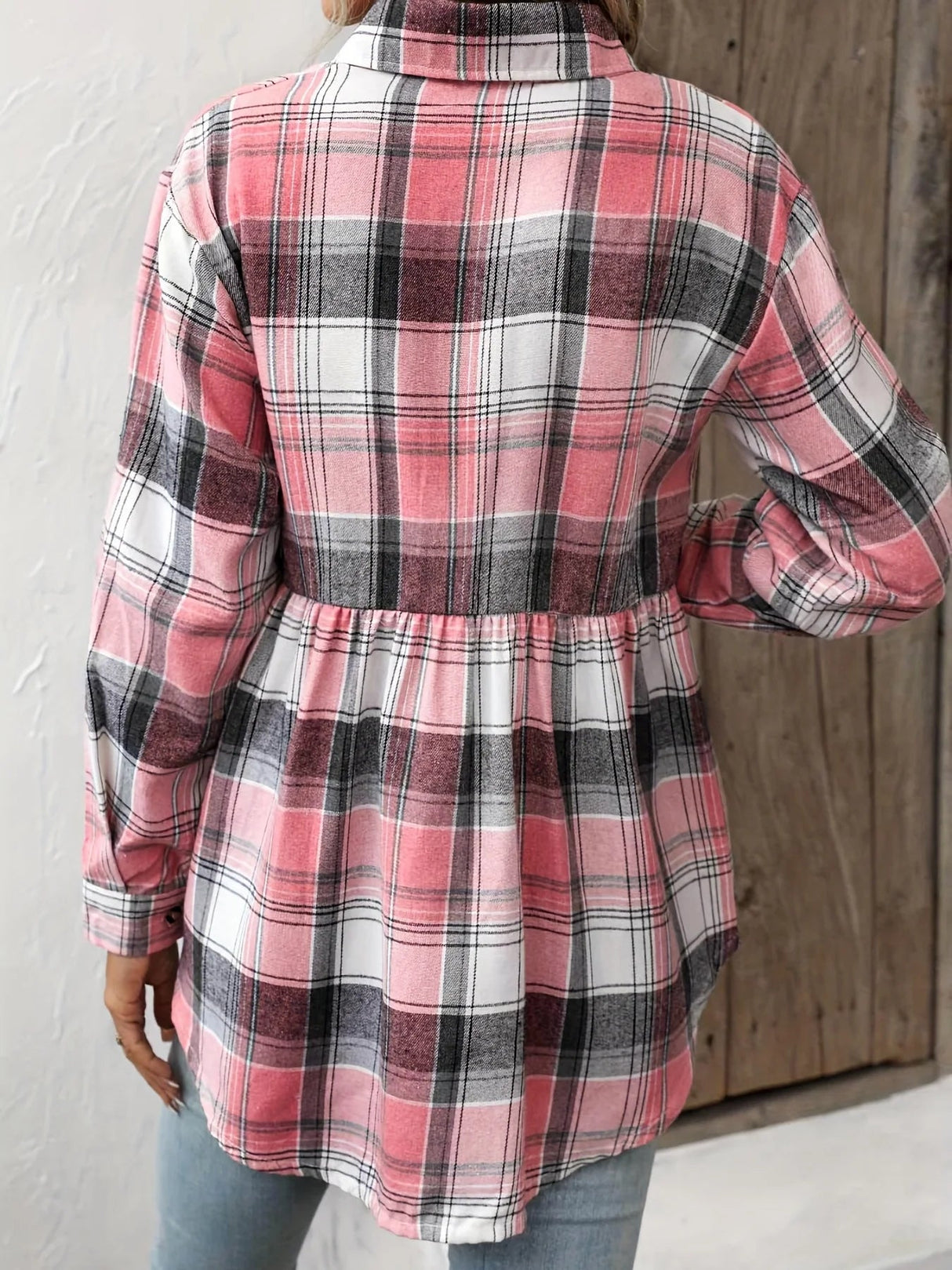 Plaid Polo Collar Cinched Blouse
