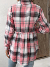 Plaid Polo Collar Cinched Blouse