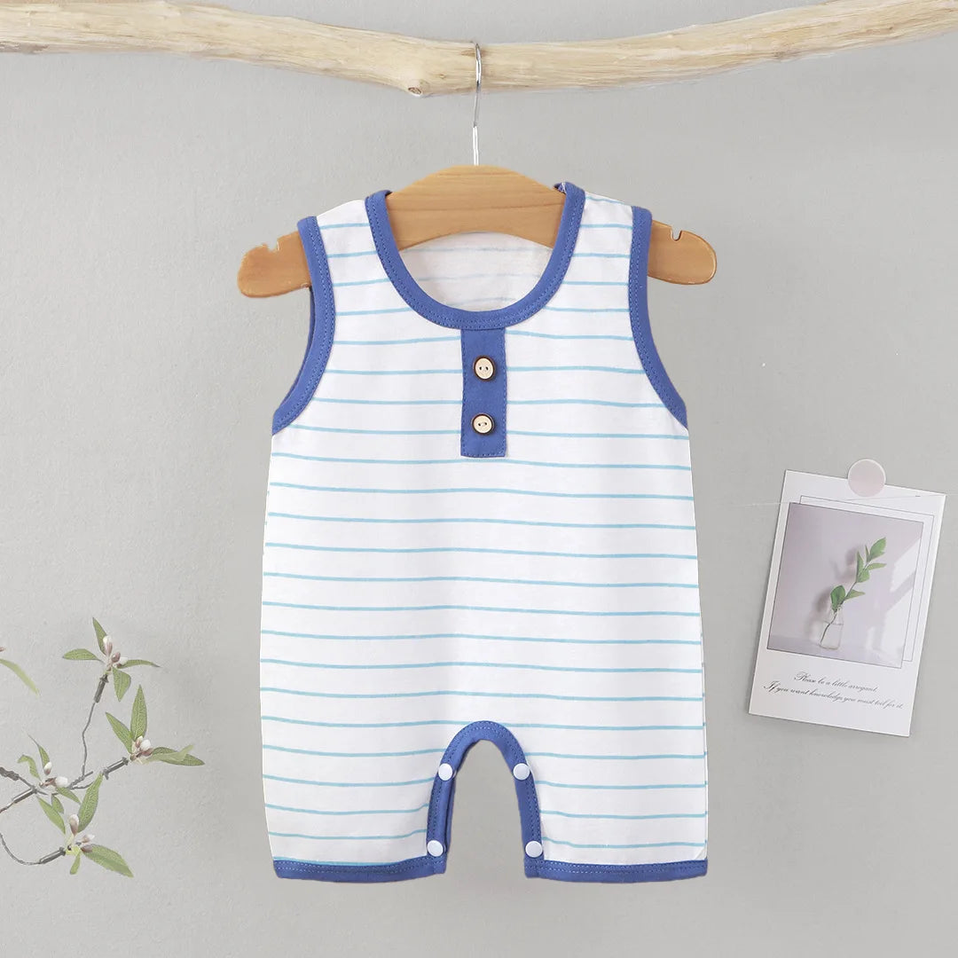 Sleeveless Cotton Baby Romper – Striped Summer Outfit Blue