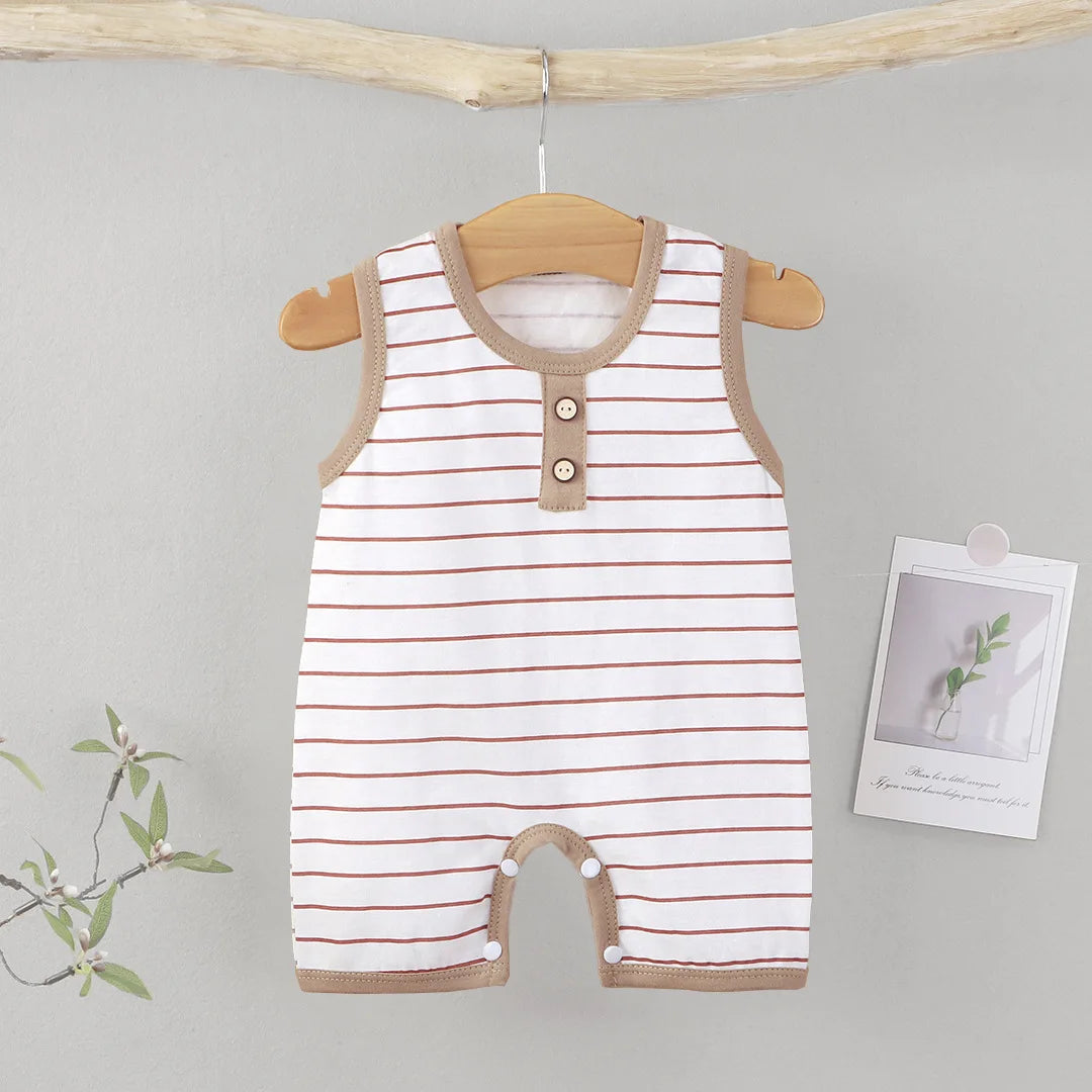Sleeveless Cotton Baby Romper – Striped Summer Outfit Coffee