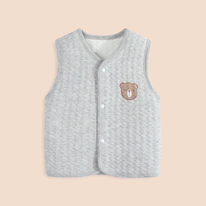 Soft Cotton Quilted Baby Vest with Bear Patch – Winter Warm Gray
