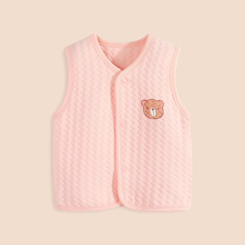 Soft Cotton Quilted Baby Vest with Bear Patch – Winter Warm Pink