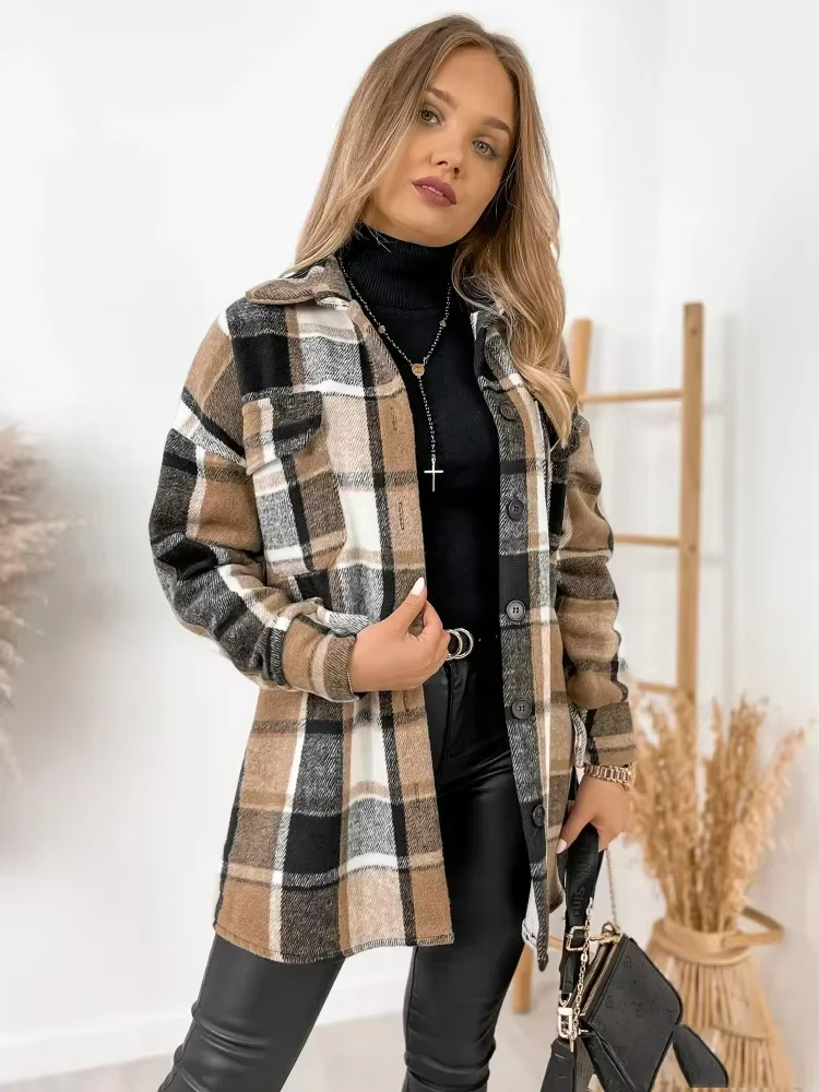 Women's Long Sleeve Plaid Wool Shirt Jacket 1