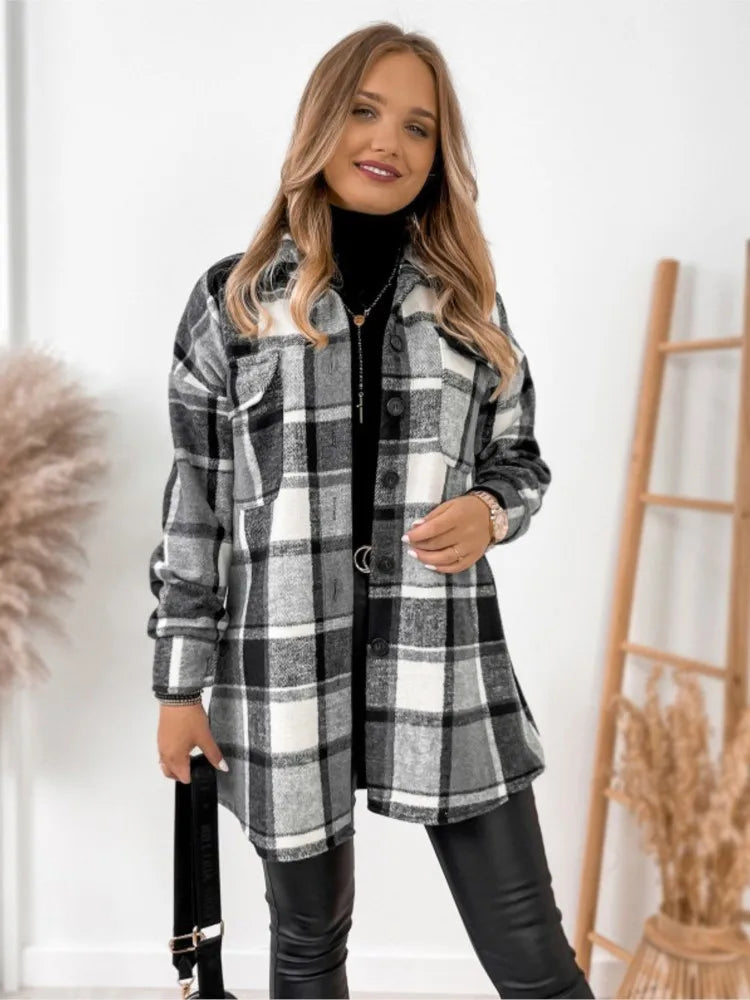 Women's Long Sleeve Plaid Wool Shirt Jacket 3