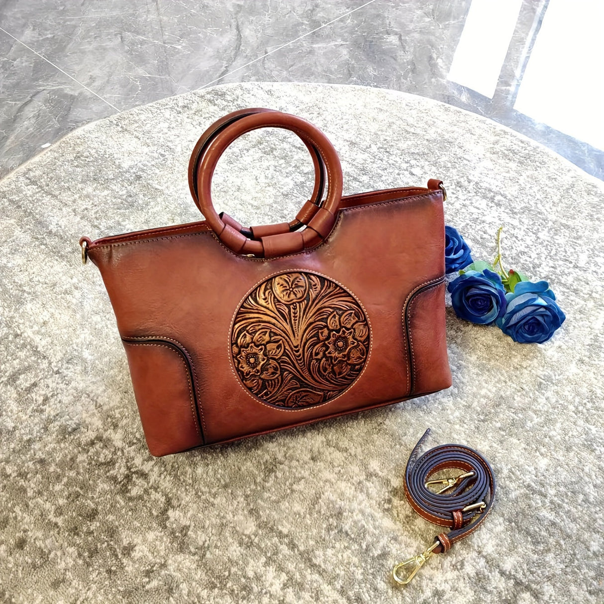 Handcrafted Embossed Leather Tote – Retro Style Workoutry
