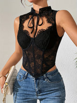 Sleeveless black corset with contrast lace and adjustable bow tie