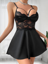 Black lingerie set with heart detail and lace mesh, front side angle