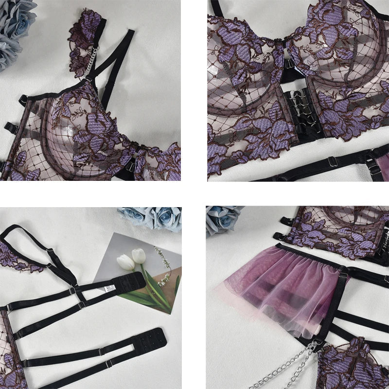 Close-up details of the Deep Purple Satin Lace Lingerie Set with floral embroidery and straps