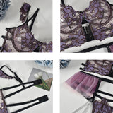 Close-up details of the Deep Purple Satin Lace Lingerie Set with floral embroidery and straps