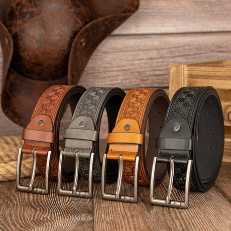 Floral Embossed PU Belt – Classic Pin Buckle Workoutry