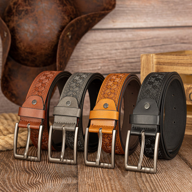 Floral Embossed PU Belt – Classic Pin Buckle Workoutry