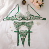 Flatlay of Electric Green Shiny Lingerie Set with floral embroidery and satin straps