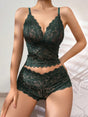 omplete view of green lace lingerie set with longline bralette