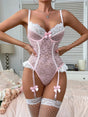 Full-body image of Light Pink Lace Triangle Bralette Set worn with white fishnet stockings