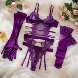 Flat lay of the Lilac Sheer Floral Embroidered Lingerie Set with gloves and stockings