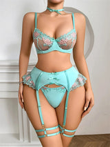 Front view of Mint Sheer Floral Lingerie Set with embroidered details