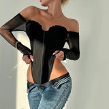 Off shoulder black long sleeve lace bodysuit with mesh sleeves