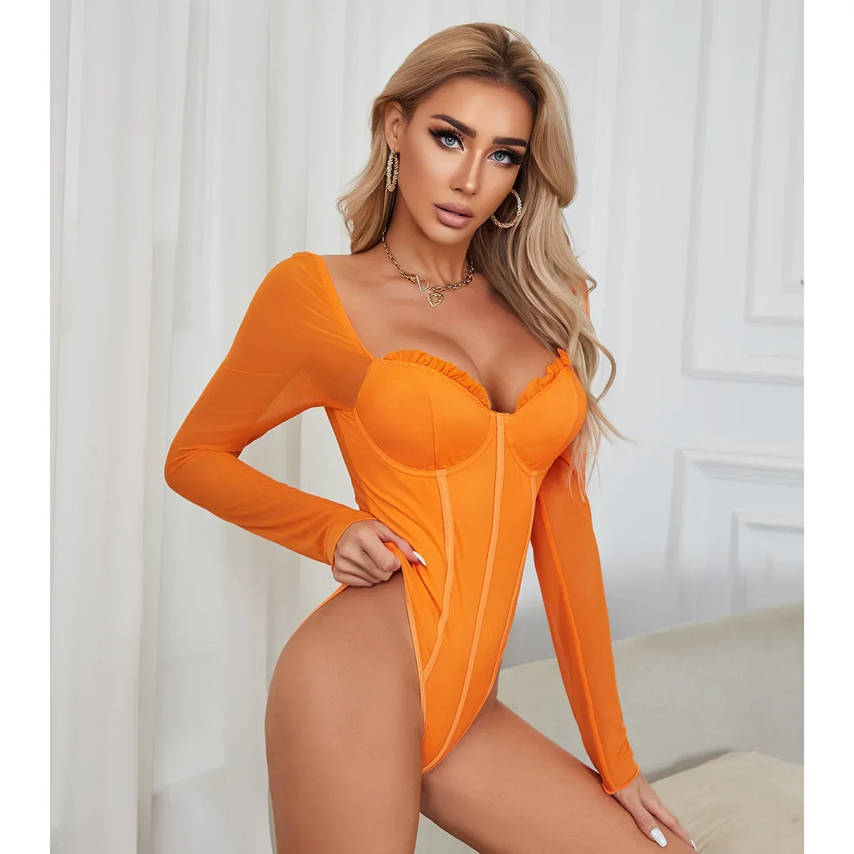 Elegant orange long sleeve lace bodysuit with sweetheart neckline