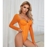 Elegant orange long sleeve lace bodysuit with sweetheart neckline