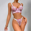 Front close-up view of the pink floral lingerie set with embroidered sheer lace and push-up bra
