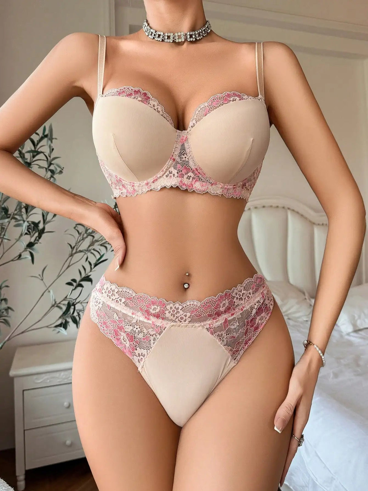 Centered front pose of the Pink Lace Lingerie Set with supportive bra and high-waist lace panty