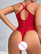 Back view of red lace bodysuit with criss-cross straps