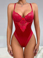 Front view of red lace bodysuit with floral lace detail