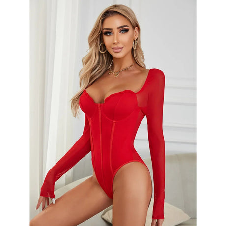 Lace Ruffle Sexy Bodysuits Women Black Wrap Chest Collar Mesh Sheer Long Sleeve 2023 Red Autumn Basic Body Tops Casual Bodysuit Bianca Australia