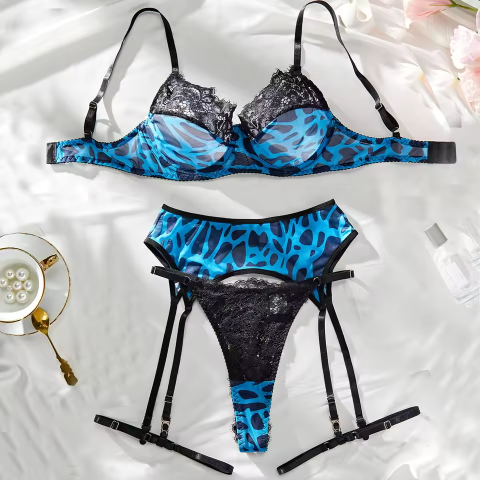 Front view of Royal Blue Embroidered Lace Garter Lingerie Set with floral embroidery and sheer details