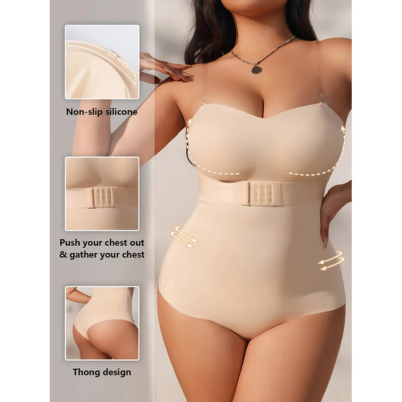 Strapless shapewear bodysuit features with silicone straps and thong back