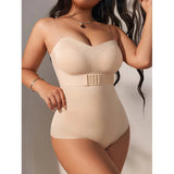 Woman wearing nude strapless shapewear bodysuit front view