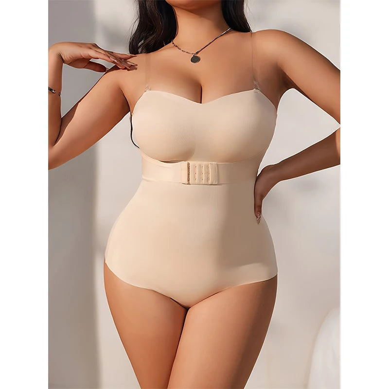 Full front view of strapless shapewear bodysuit in nude color