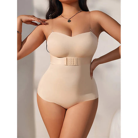 Full front view of strapless shapewear bodysuit in nude color