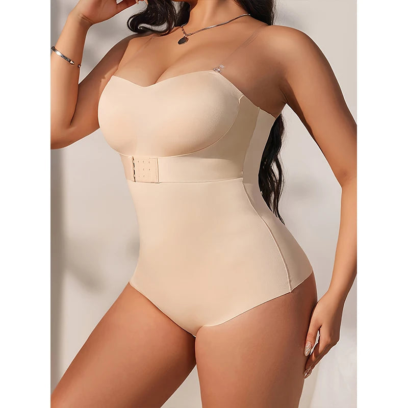 Strapless shapewear bodysuit front side angle in nude color