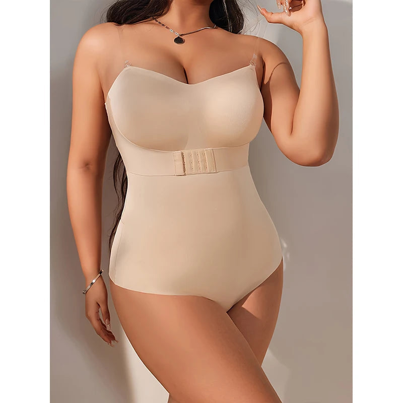 Strapless shapewear bodysuit showing chest lift and shaping effect